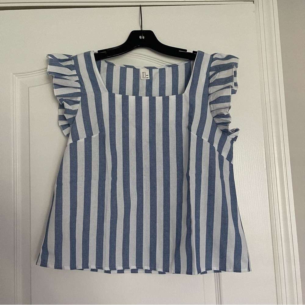Striped Blue & White Ruffle Sleeve Women's Top